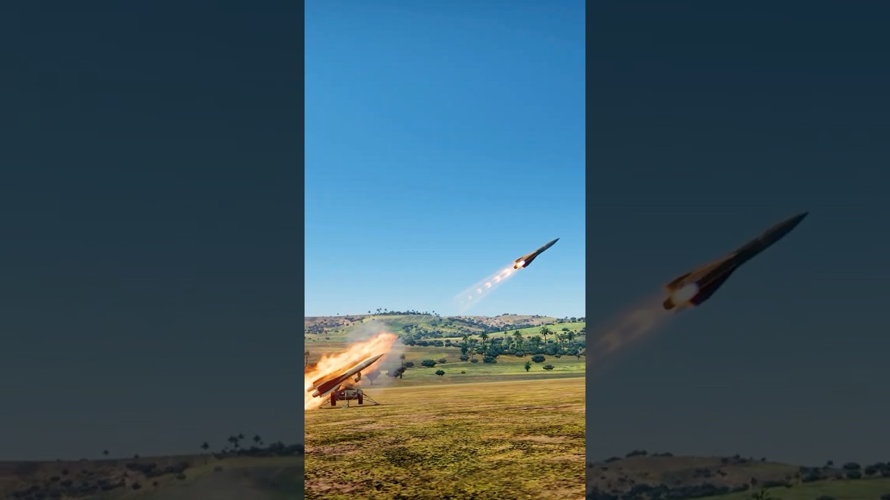 Tracked air defense vehicle launches missile fighter jet