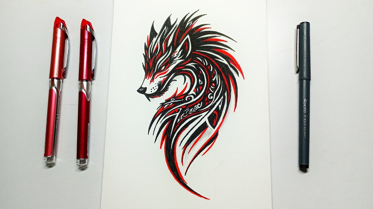 Red & Black Tribal Wolf Art | Powerful Wolf Tattoo Design | DC Sketch