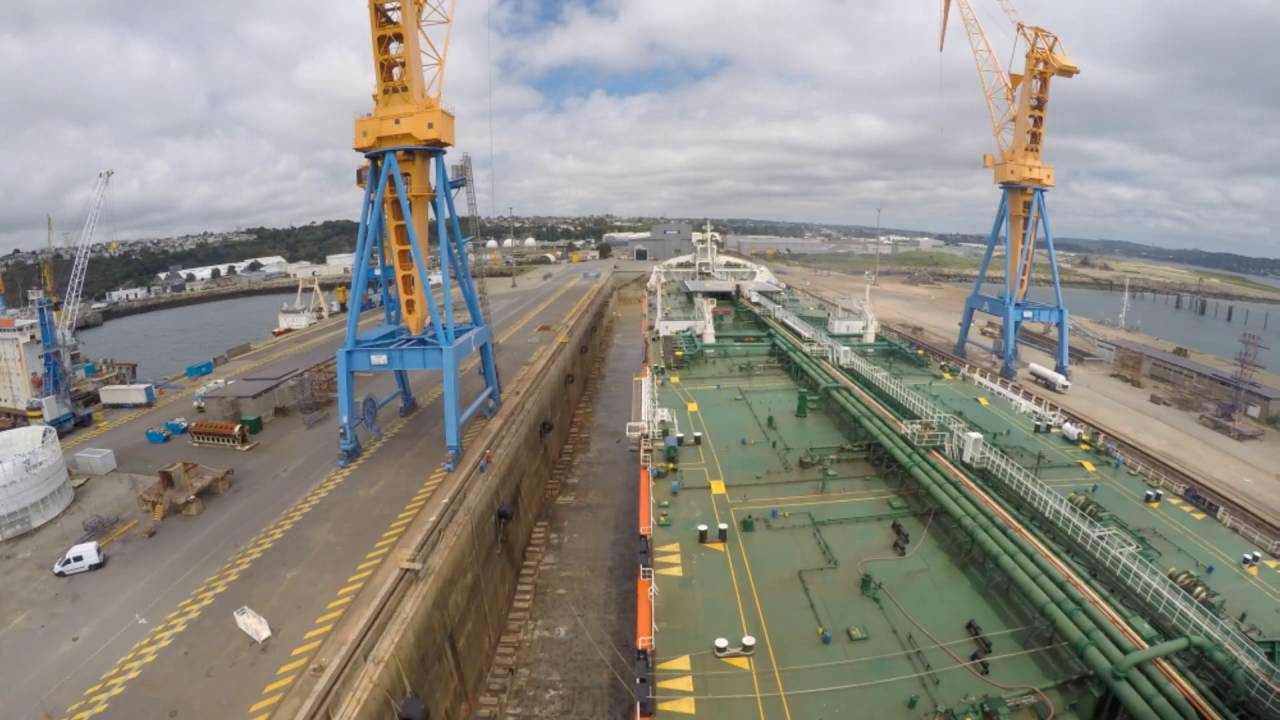 Oil tanker entering dry dock.