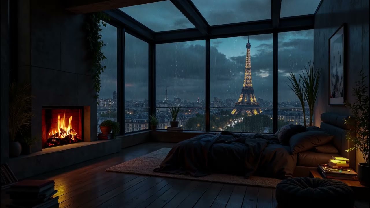 Paris Skyline Rain from a Luxury Apartment 🌧️ Cozy Bedroom With Soft Rain & Warm Fireplace To Sleep
