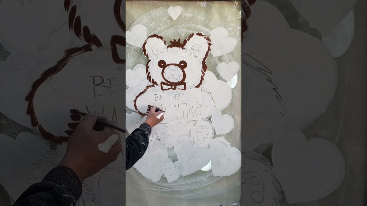 How to paint a be my Valentines teddy bear with a roller window painting tutorial