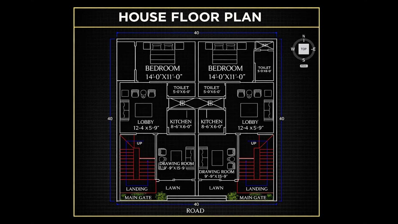 40×40 House Floor Plan | 2 Unit Ground Floor Design