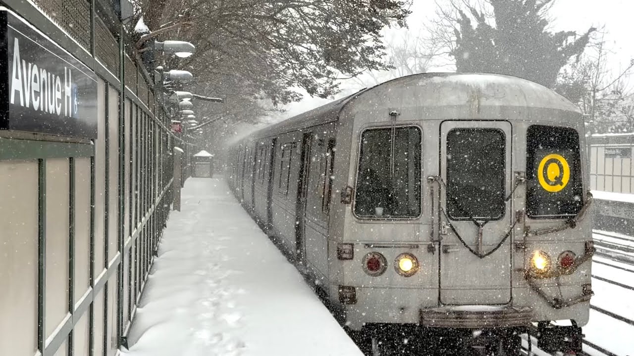 R46 & R68/A Q Trains at Avenue H in a Winter Storm
