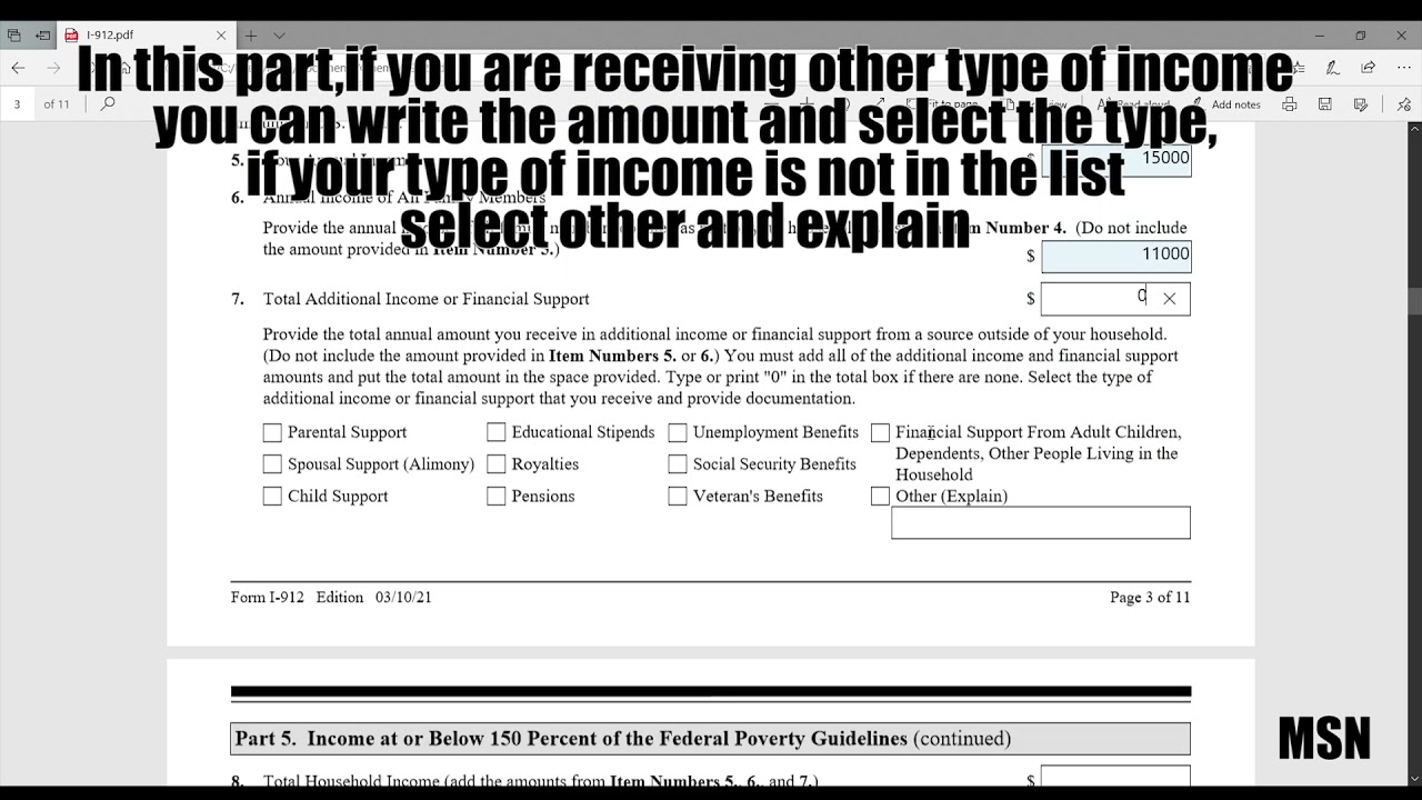 I-912,Request for fee waiver/Household below or at 150% of the Federal Poverty Guidelines/ Part 2