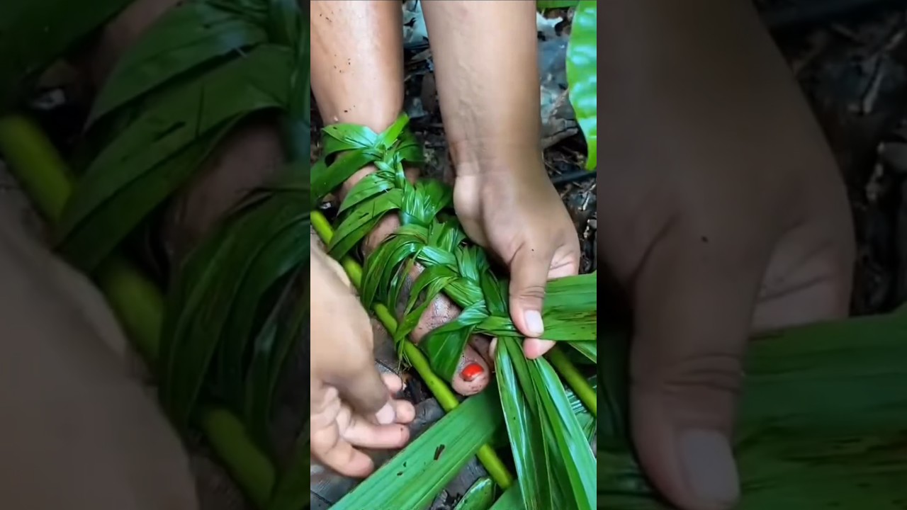 The process of making temporary shoes from tree leaves