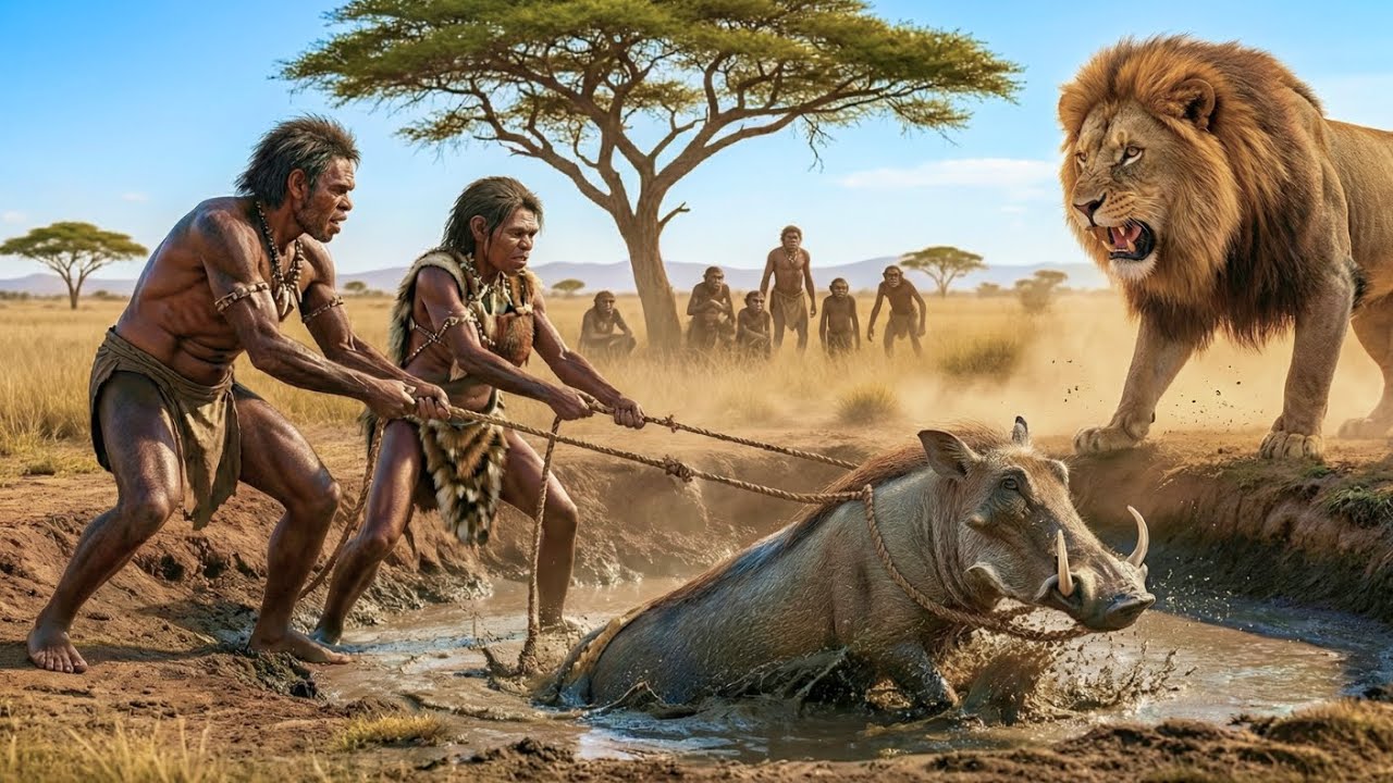 Life 2.7 Million Years Ago: Homo habilis and Pig Ancestors vs Giant Lion | The Deadliest Encounter