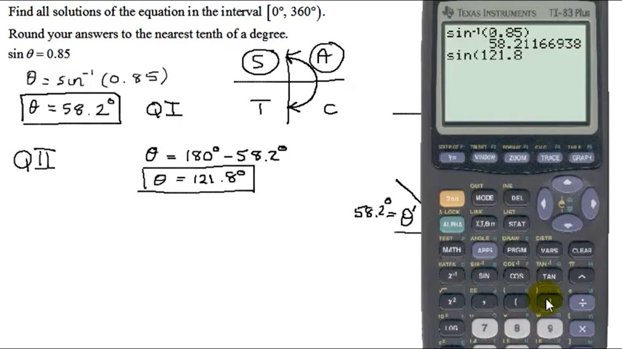 Find all Solutions Between 0 and 360 Degrees for the Linear Trigonometric Equation sin(theta) = 0.85