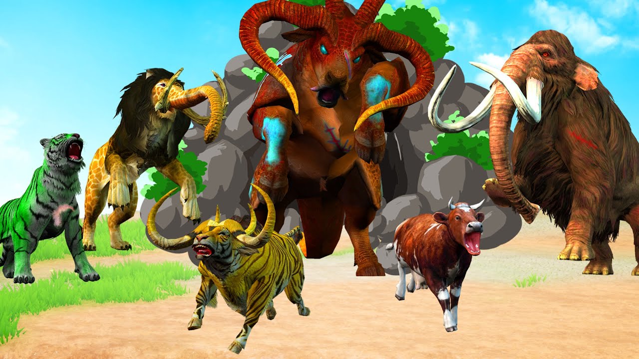 Zombie Bull vs Zombie Tiger vs Monster Lion Fight Baby Bull Cow Cartoon Saved By Woolly Mammoth