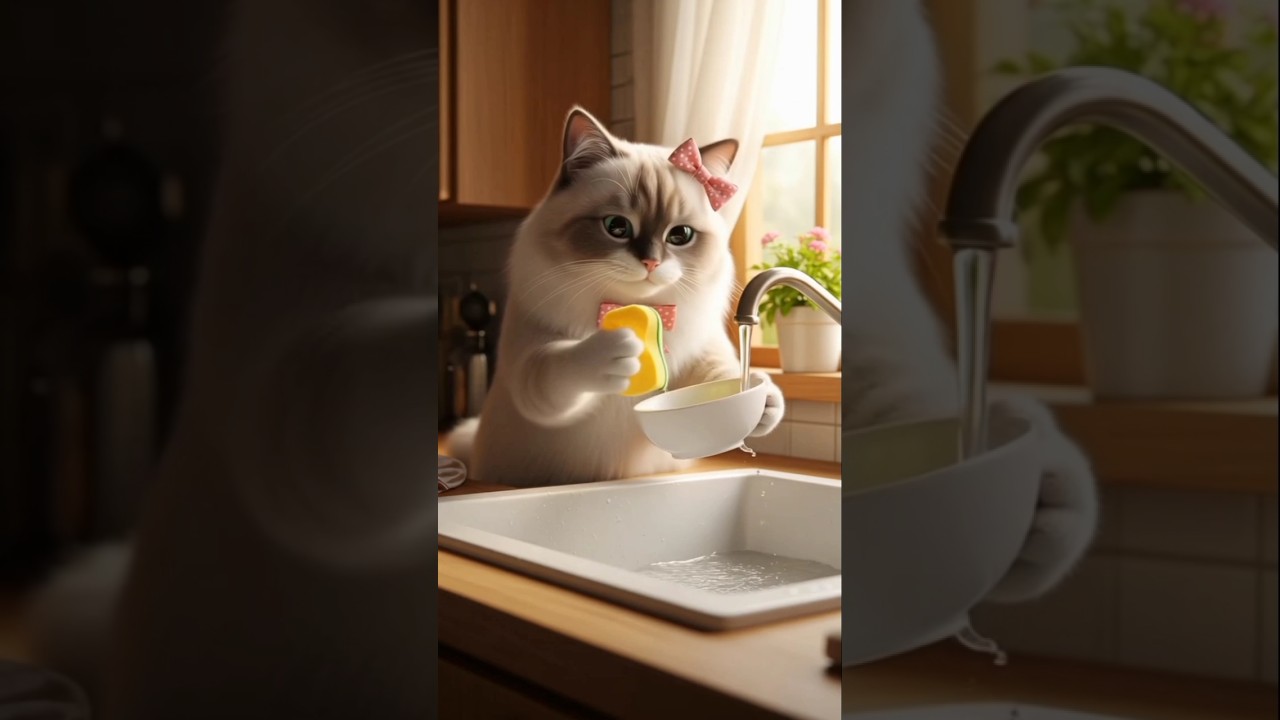 A cat is making steamed buns filled with vegetable noodles 🥟🐱