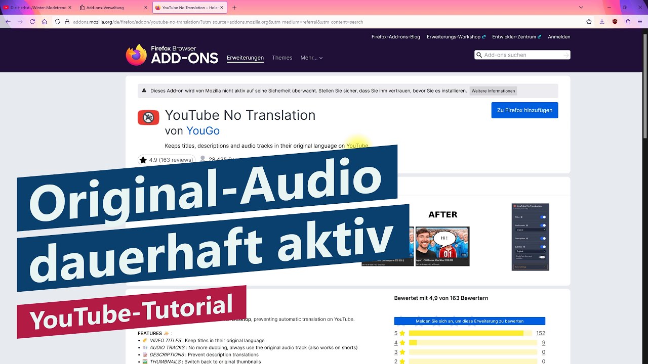 YouTube Automatische &Uuml;bersetzung dauerhaft ausschalten &ndash; Tutorial mit Browser-Add-on