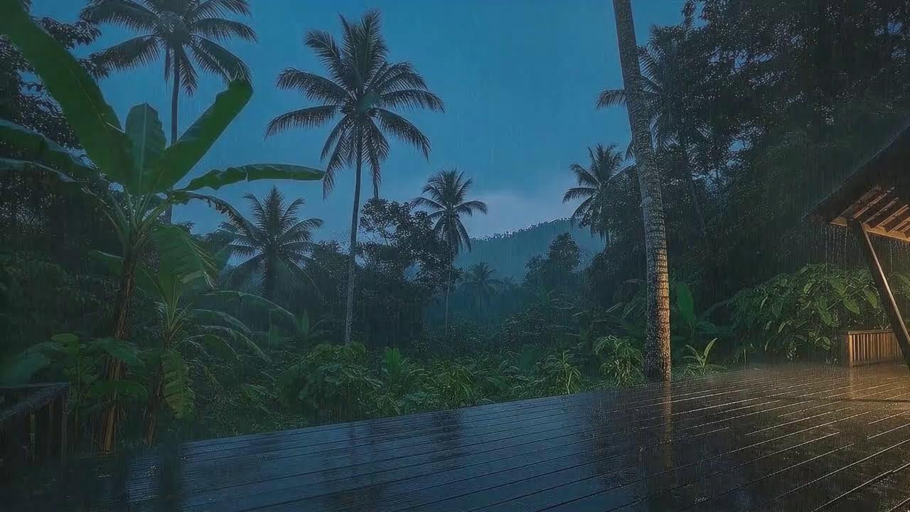Drift to Sleep with Light Rain Sounds and Low Thunder at Forest Cabin Terrace 🌧️