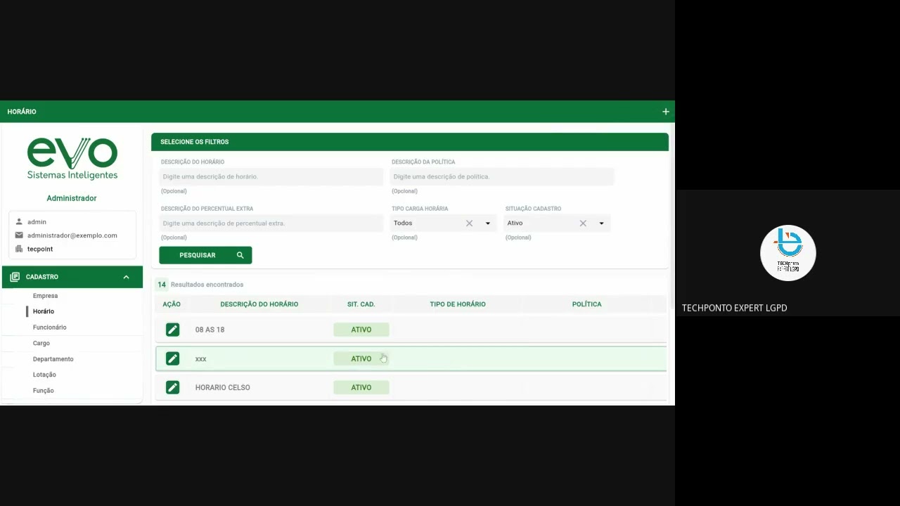 EVO - Cadastro e configurações de horários