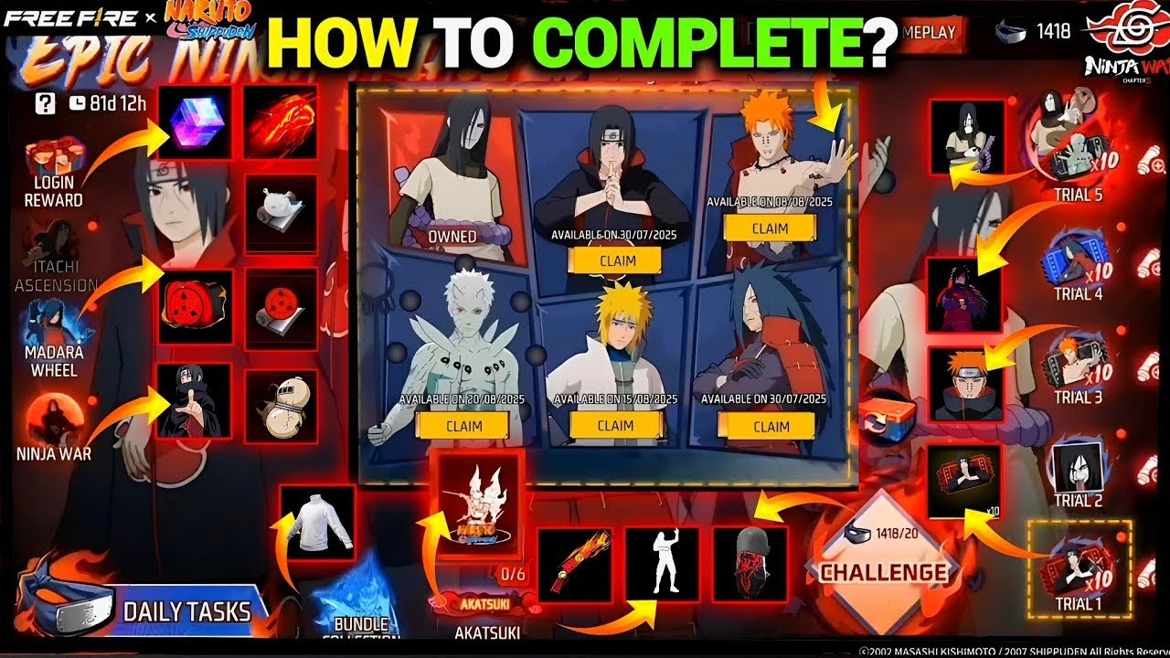 Free Fire x Naruto Shippuden &ndash; Epic Ninja Trials Event Rewards | Free Fire New Event | Ff New Event