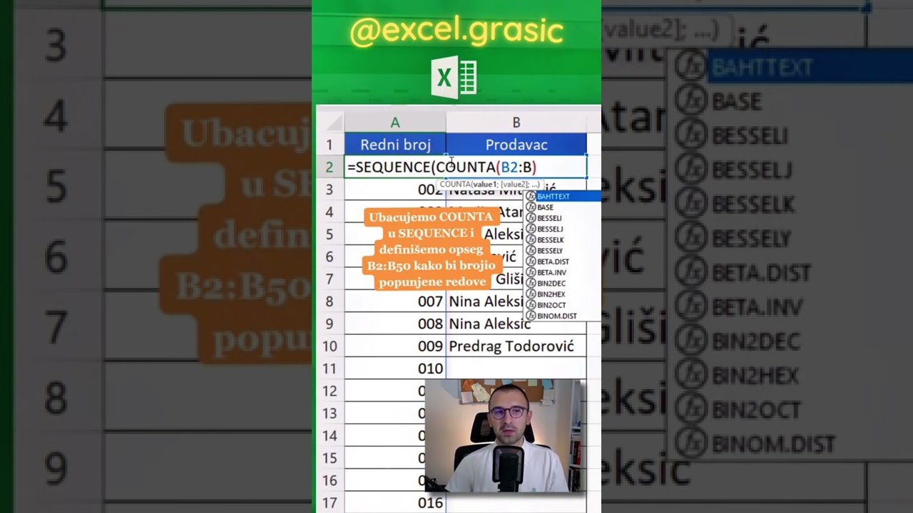 Kako da se redni brojevi u Excelu generi&scaron;u samostalno? #excelgrasic #excel #microsoft