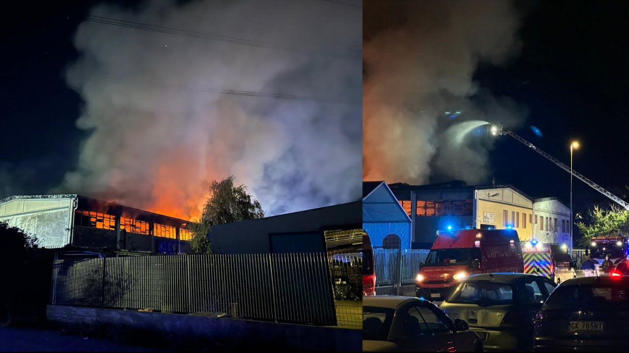 GROSSO INCENDIO CAPANNONE Alimentari a Settimo Milanese, arrivo mezzi d'emergenza e operazioni