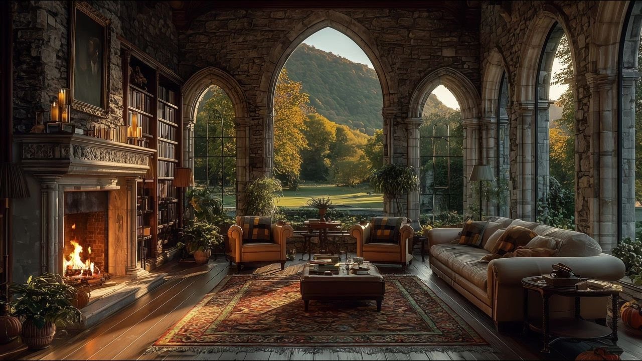 🍁 Autumn Castle Fireplace Ambience | Cozy Fall Afternoon Reading & Relaxation | No Ads 🔥