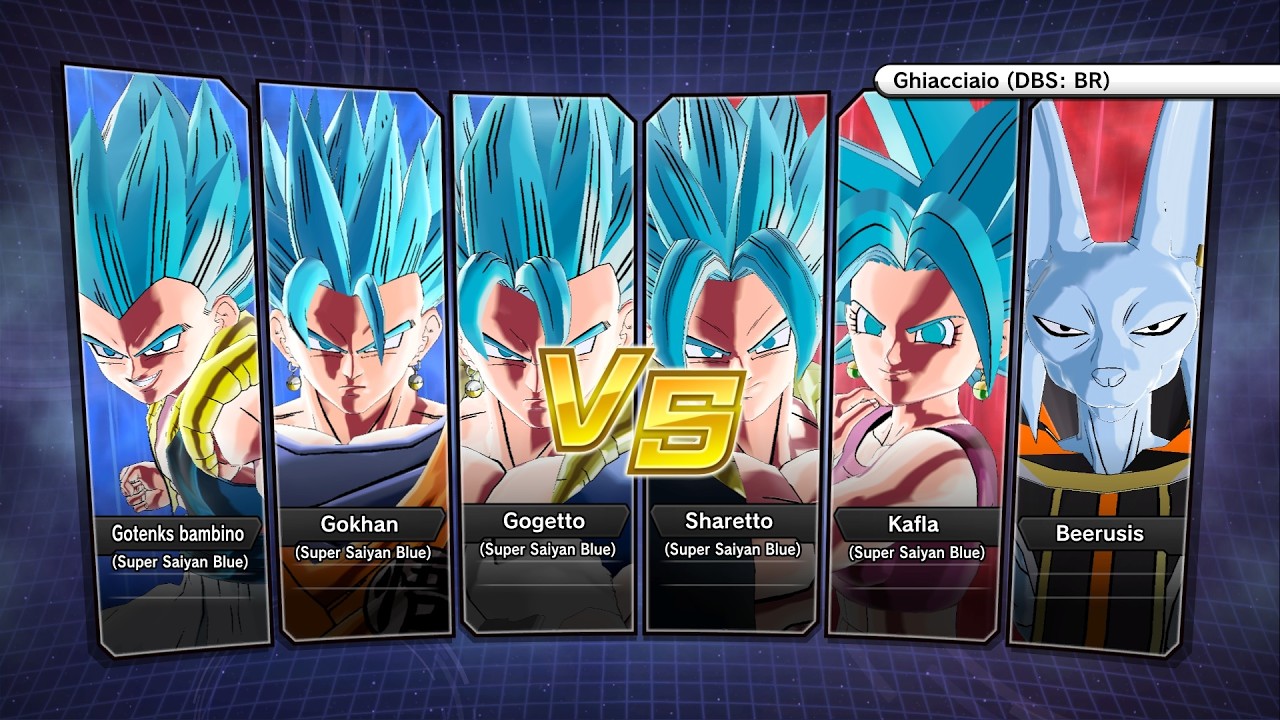 XV2 (PC): Gogetto SSJB/Gokhan SSJB/Gotenks bambino SSJB vs Sharetto SSJB/Kafla SSJB/Beerusis