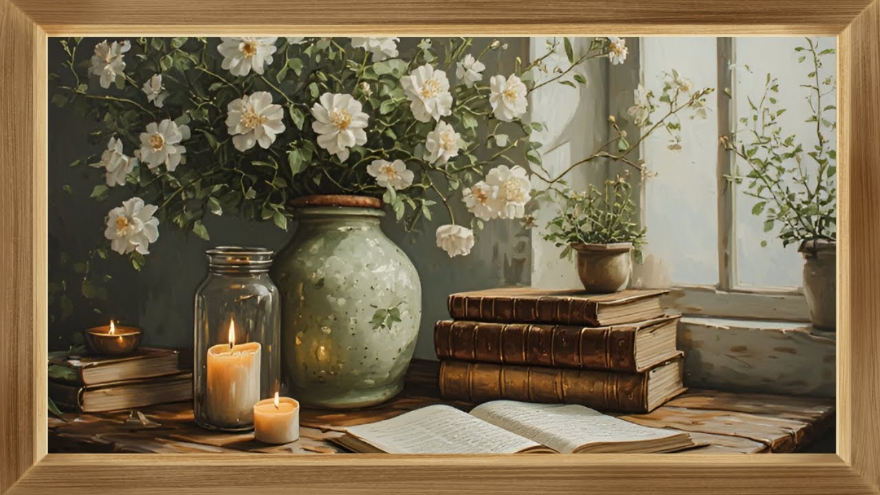Arte para TV | Jarrón con flores, libros y velas 📚🕯️ | Cuadro enmarcado relajante (Loop)