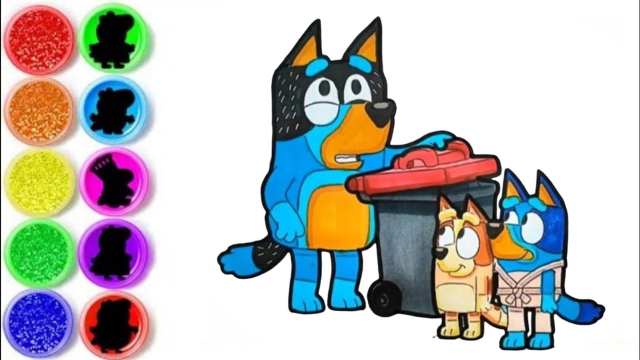 Draw and color Bluey characters Bluey, Dad and Bingo dumping trash 🗑️
