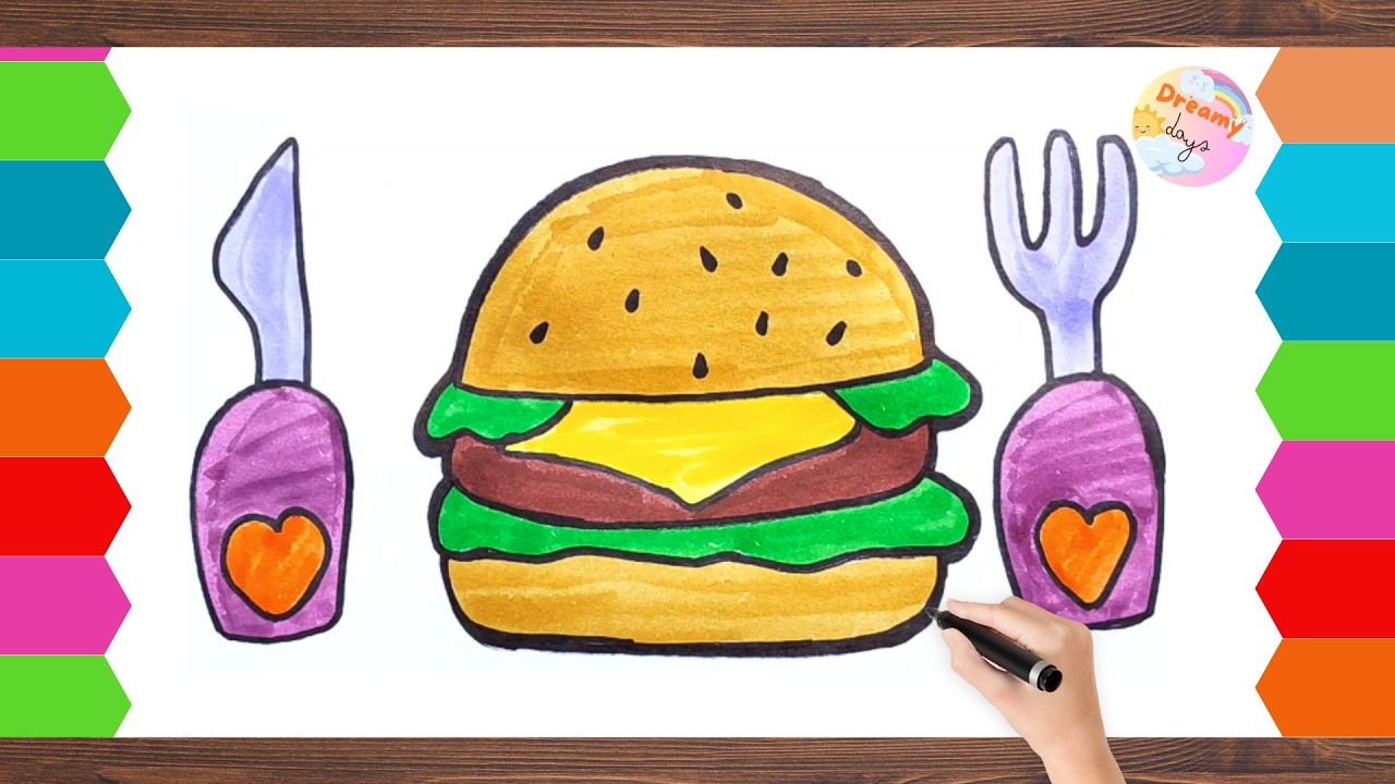 Рисование и раскрашивание бургера 🍔 | Простое пошаговое рисование для детей