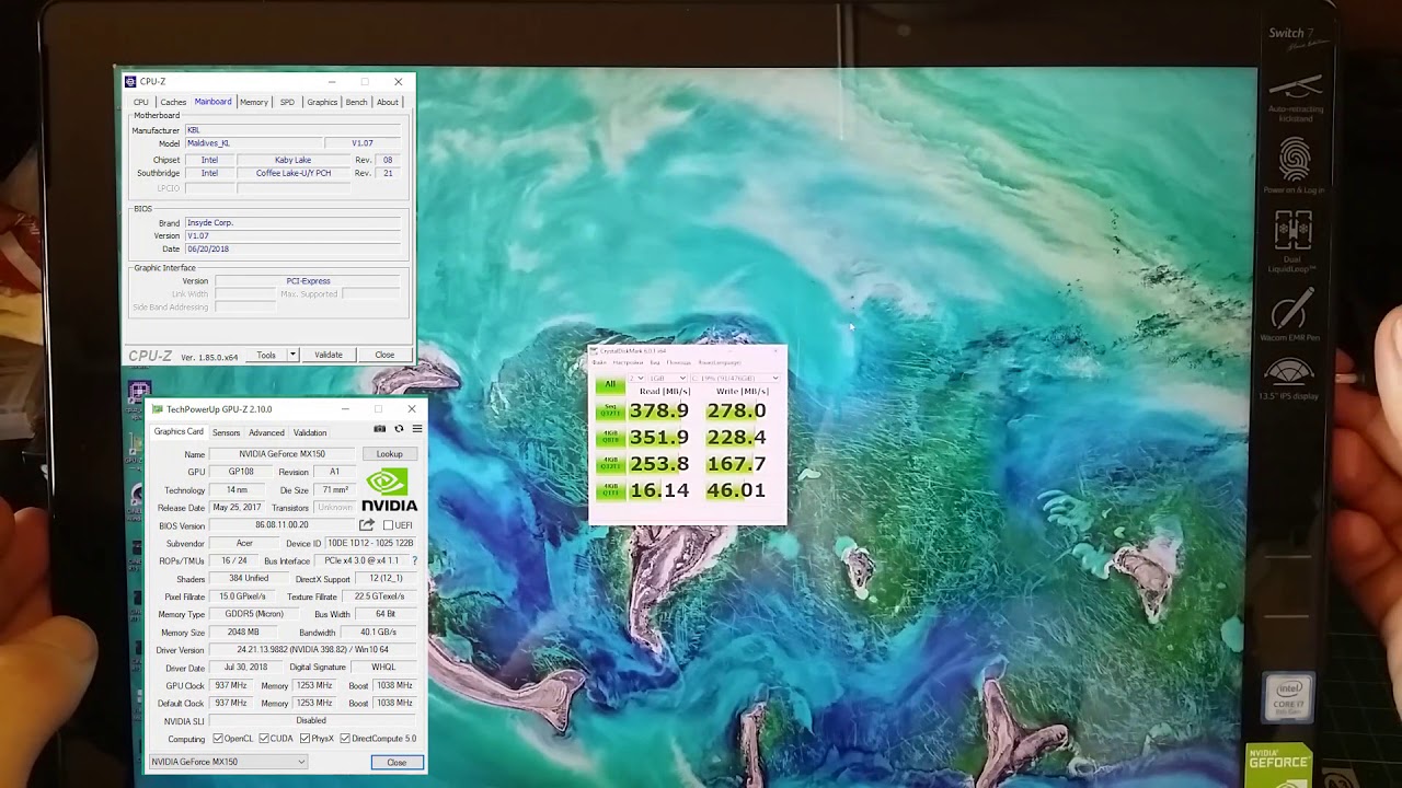 Acer Switch 7 BE - CrystalDiskMark, CPU-Z, GPU-Z - Overview in description