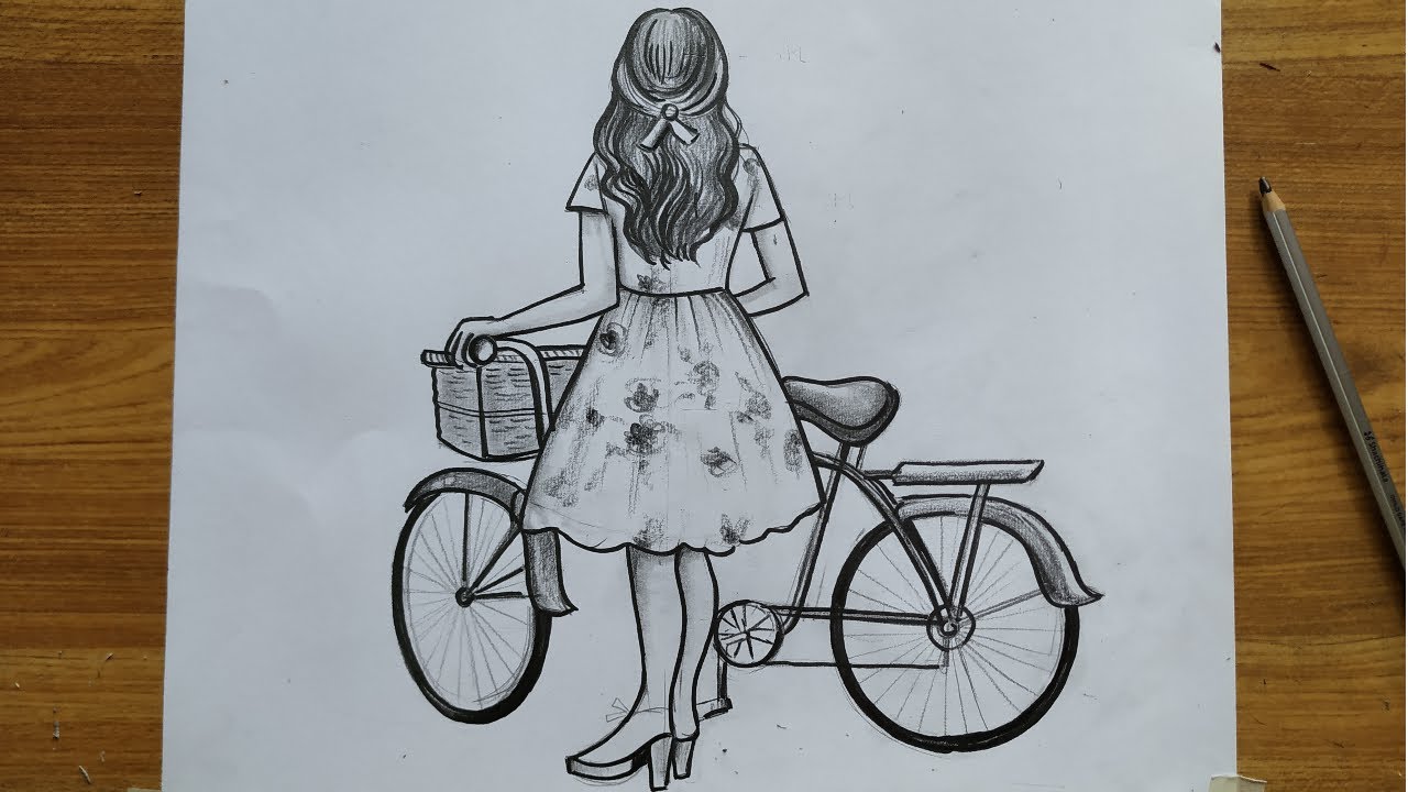 how to draw girl with cycle pencil sketch drawing for beginners,how to draw a girl,pencil drawing,