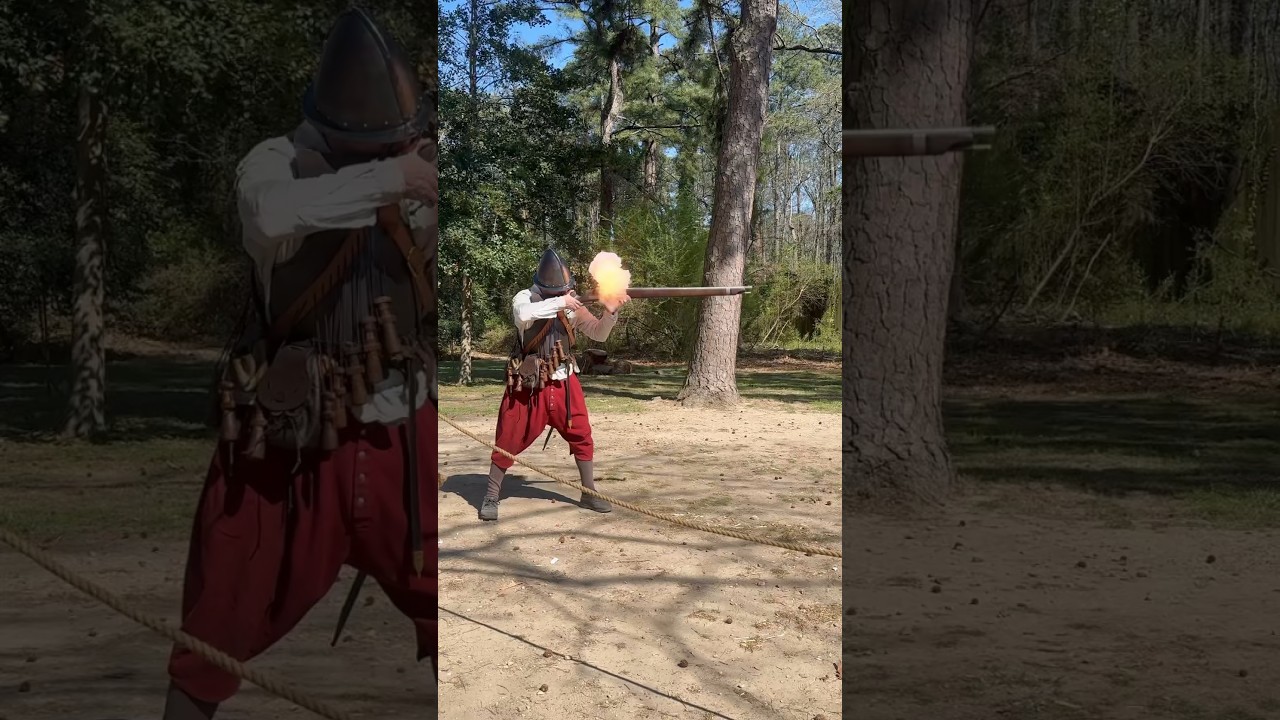 Reloading and firing a 17th century matchlock musket.