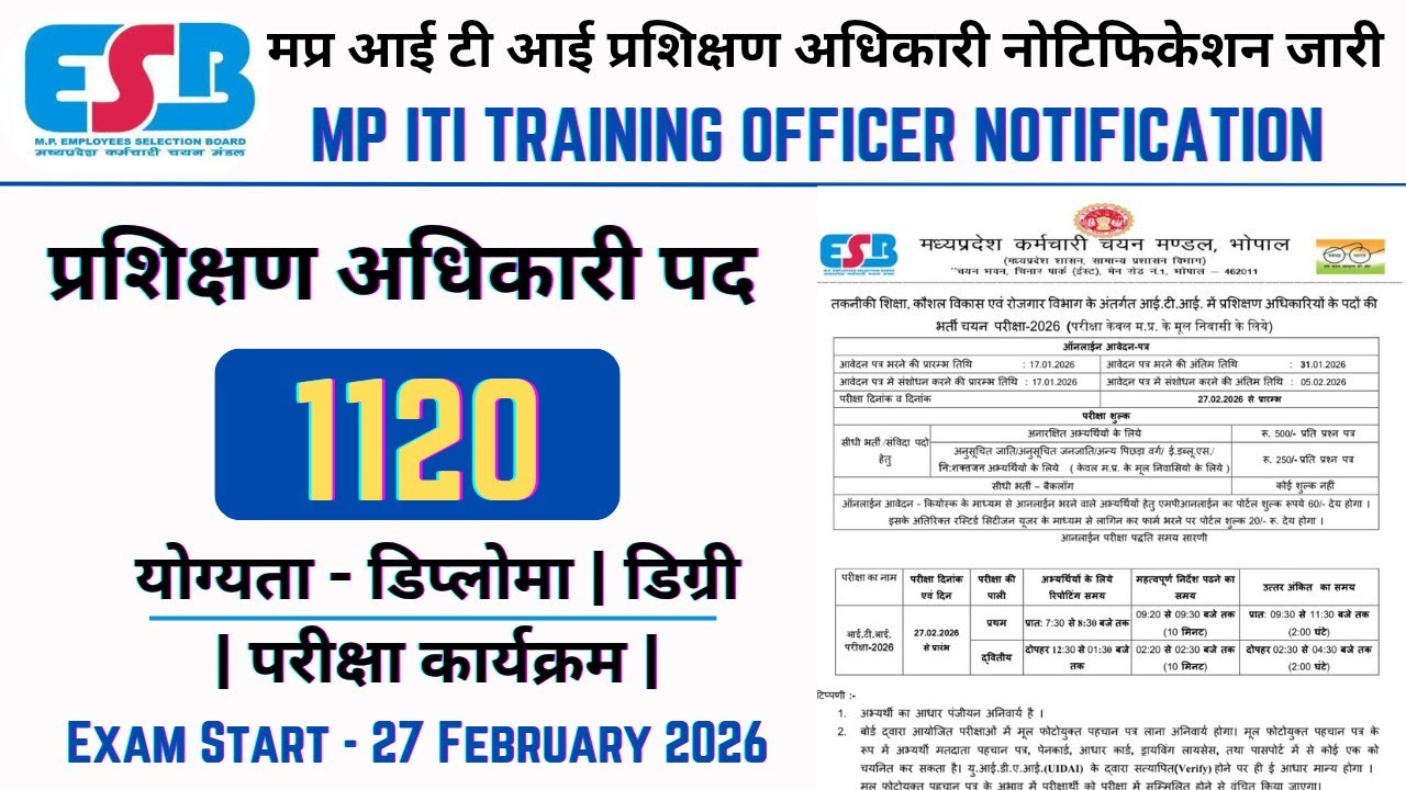 ITI TRAINING OFFICER NOTIFICATION OUT || पदों की संख्या में हुई वृद्धि 1120 पदों पर होगी भर्ती