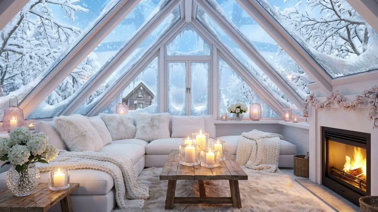 🕯️❄️ Soft White Piano Lounge | Fireplace & Candles for 8 Hours | Sleep Relax Focus Study Meditation