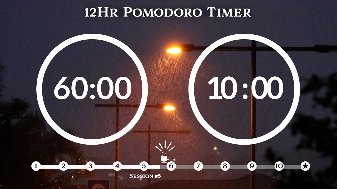 60 Minute Pomodoro Timer🌧Rain sound (비소리 ASMR) 📚12-Hour Study ⏱Pomodoro 60/10, 60 min x 10 sets