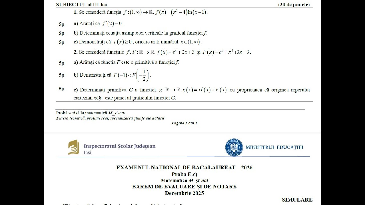 Simulare matematică BAC ISJ Iaşi - profil mate-info - decembrie 2025 - Subiectul III
