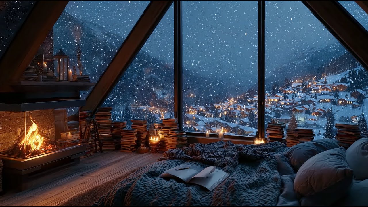 Snowy Rain & Cozy Fireplace in the Bedroom ❄️🔥 | Relaxing Sounds for Deep Sleep & Relaxation
