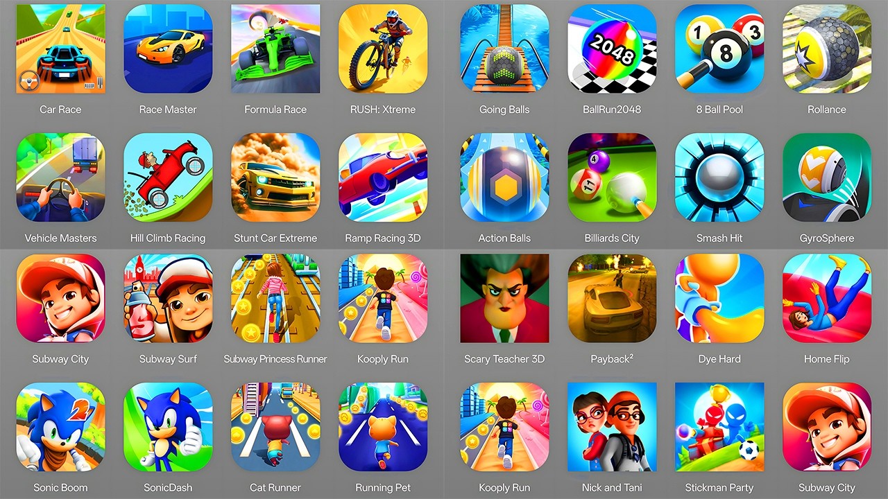 Car Race, Race Master, Scary Teacher 3D, Going Balls, Subway Surfers City, Sonic Dash, 8 Ball Pool