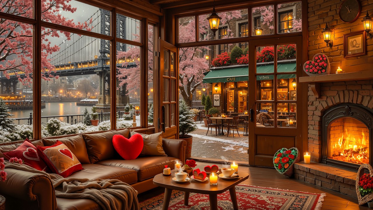 Dreamy Valentine’s Jazz Ambience ❄️ Cozy Fireplace with Cozy Living Room Night to Relax & Study