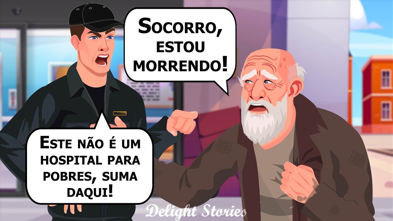 Este velho indigente e exausto mal conseguiu chegar à entrada do hospital