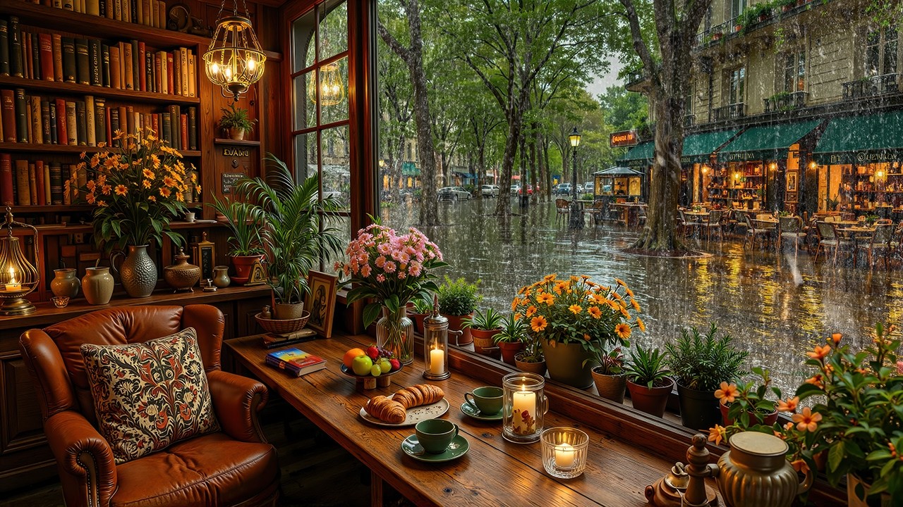 Spring Rain Bookstore Jazz - Cozy Coffee Window & Gentle Jazz Instrumental for Study & Relaxation