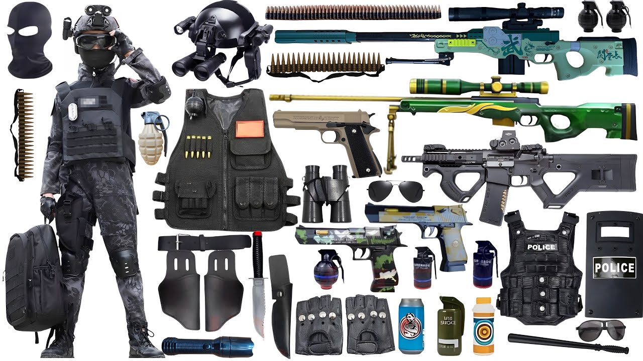 Special police weapon toy set unboxing AWM、 Barrett sniper rifle, tank, AK47 rifle, bomb dagger