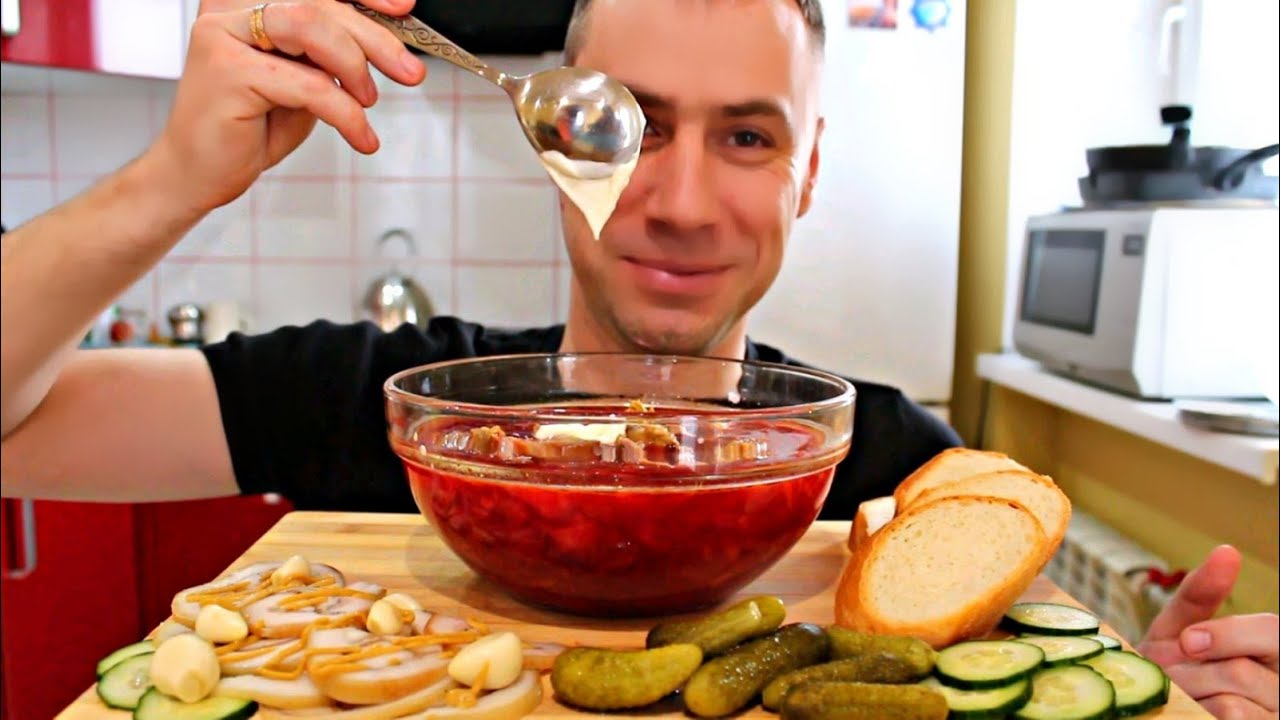 СЕМЕЙНЫЙ МУКБАНГ |БОРЩ СО СМЕТАНОЙ САЛОМ ЧЕСНОКОМ | BORSCH | MUKBANG ASMR | 먹방