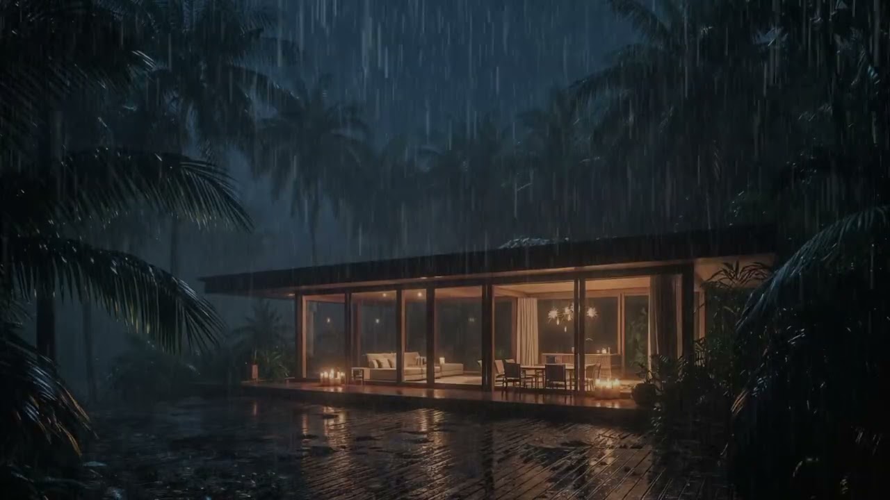 Tropical Rainstorm at Night 🌧️ Cozy Cabin Ambience for Deep Sleep & Relaxation