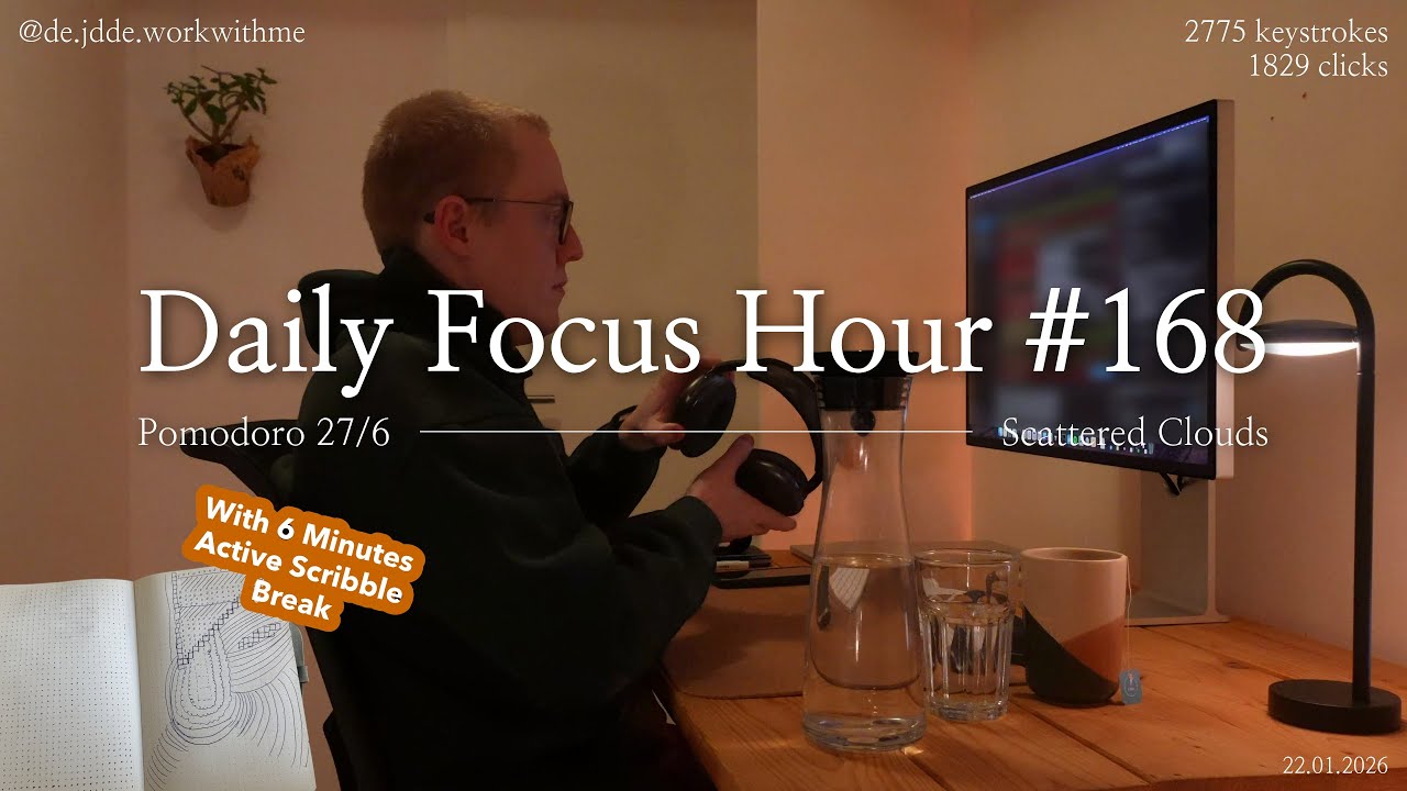 Daily Focus Hour | 2026-01-22T04:52:28 | Work With Me |Pomodoro 27/6| Partly Cloudy⛅ +Typing&Timer