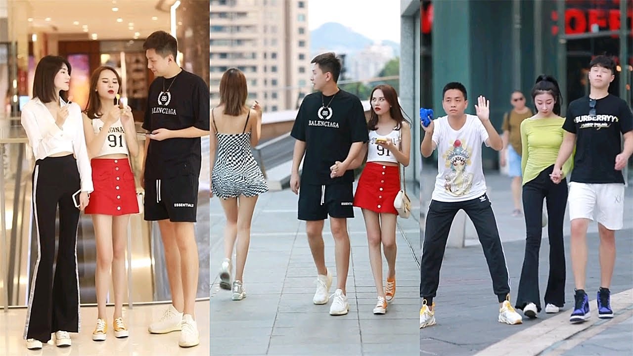 Asian couples are spoofed on the street / Demonstration of picking up girls