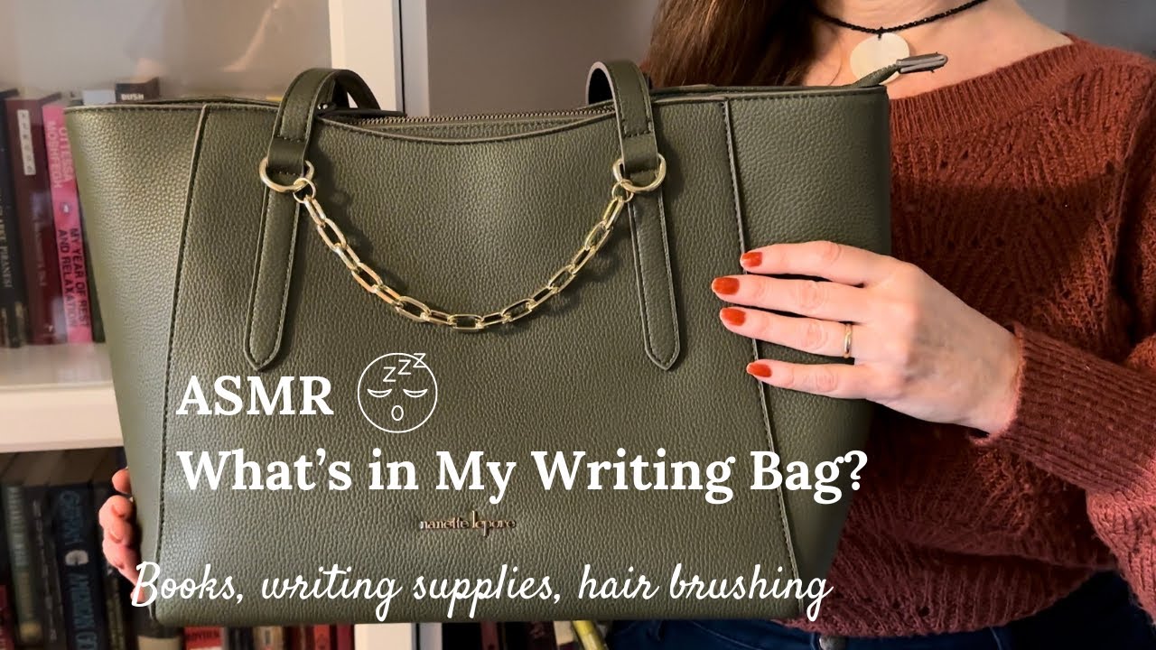 ASMR: What’s in My (Writing) Bag? 📚 (soft spoken, books, paper sounds, pens, hair brushing asmr)