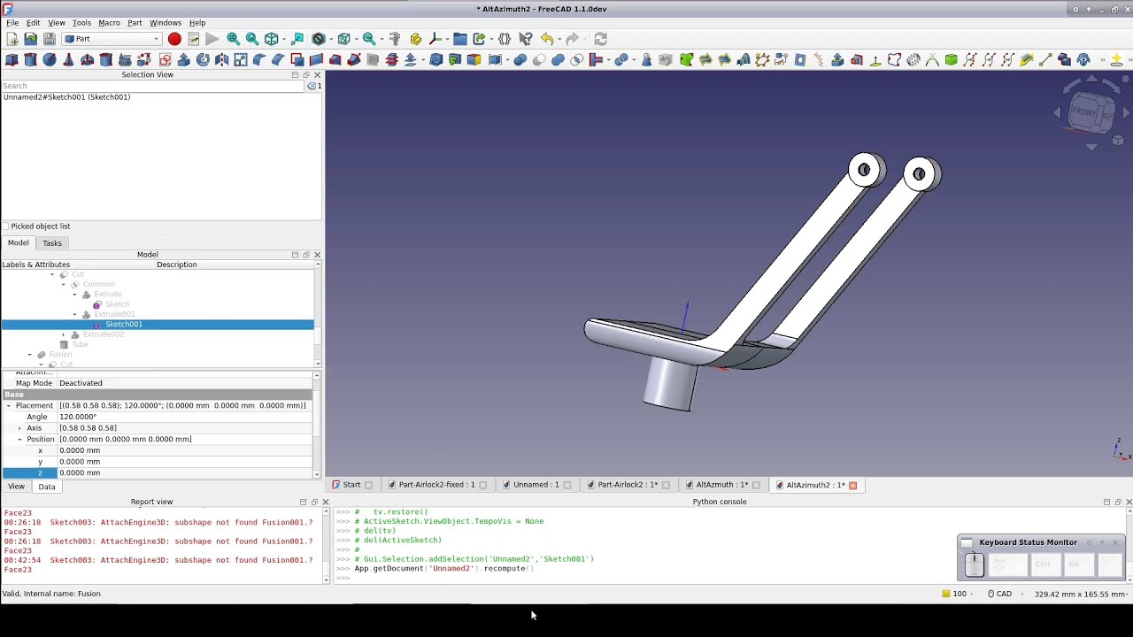 FreeCAD: альт-азимутальная ось в двух плоскостях