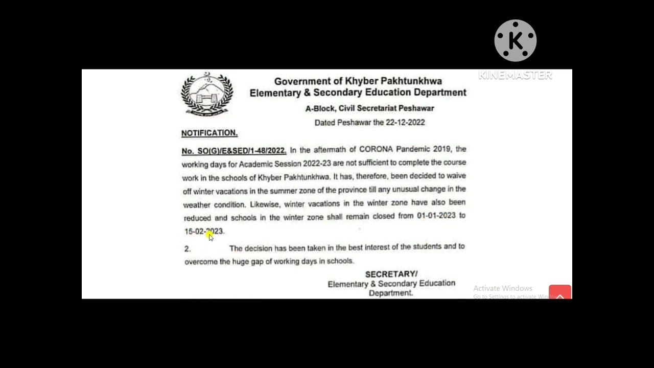 Download Notification of Winter Leaves 2022 in KPK Schools