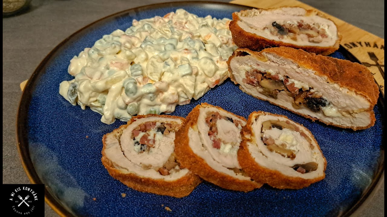 Juhtúrós, baconos, gombás rántott karaj franciasalátával