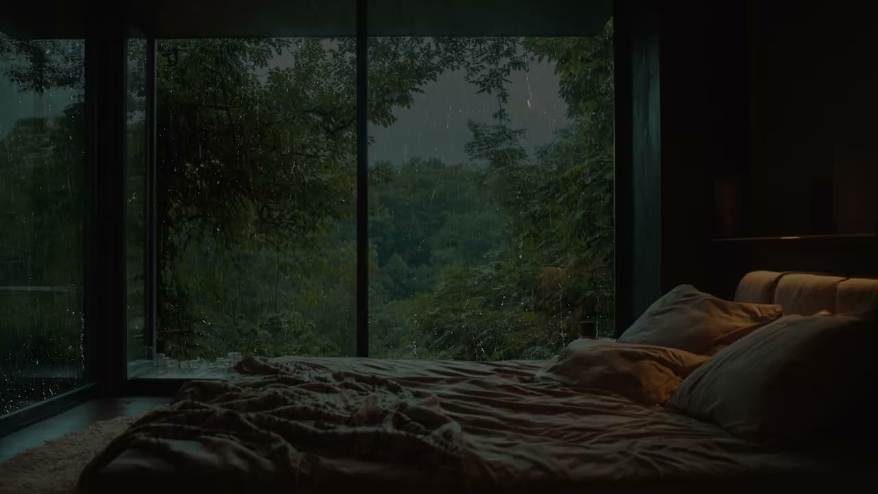 Outside rain paints the night 🌧️ while the room stays still and thoughts finally slow
