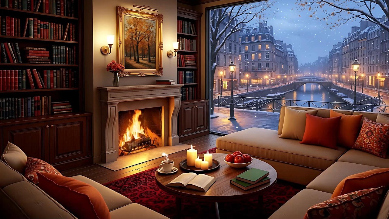 Relaxing Jazz Instrumental Music & Crackling Fireplace ⛄ Warm Winter Jazz at Coffee Shop Ambience
