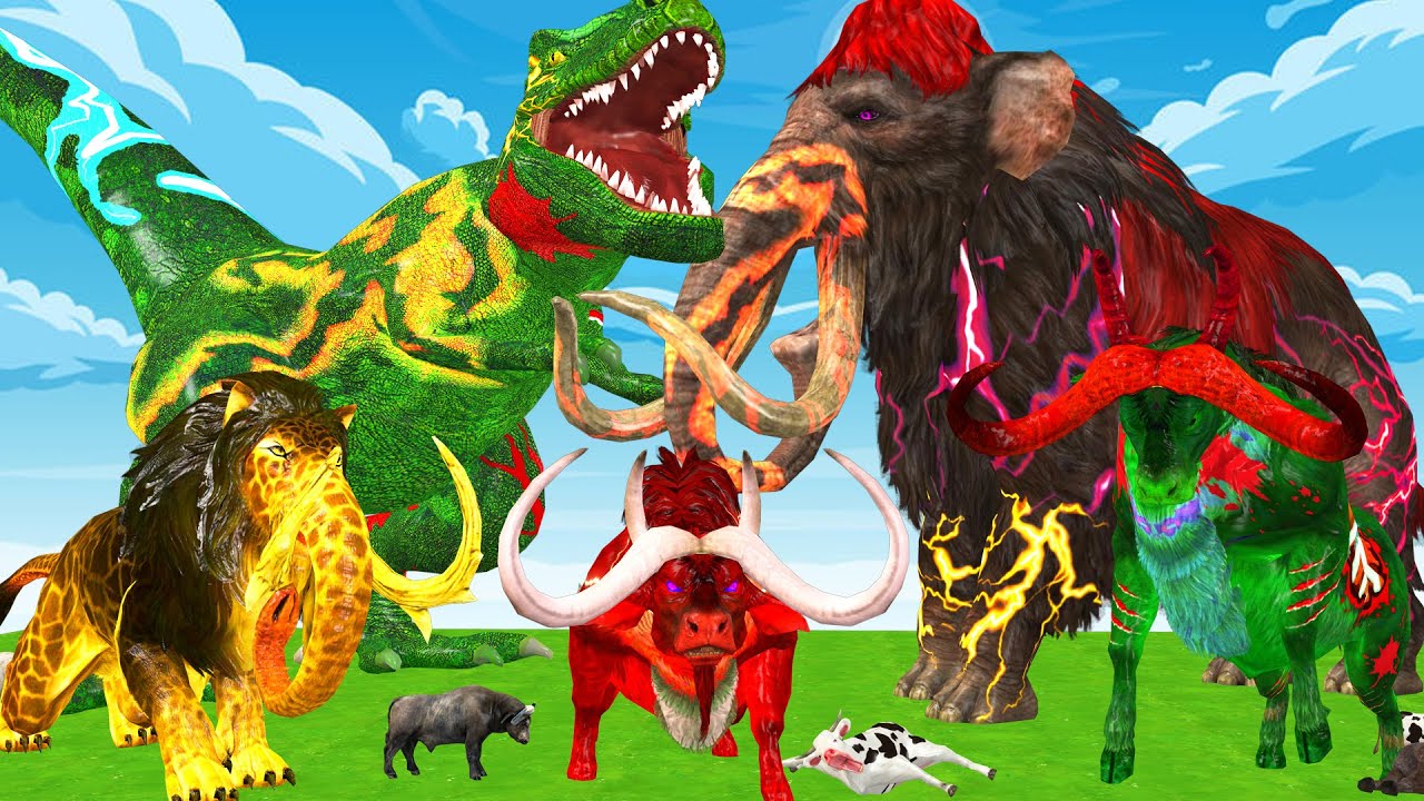15 Mammoth Elephant Cow vs 5 Giant Tiger Lion zombie Bull Attack Cow Buffalo Saved by Woolly Mammoth