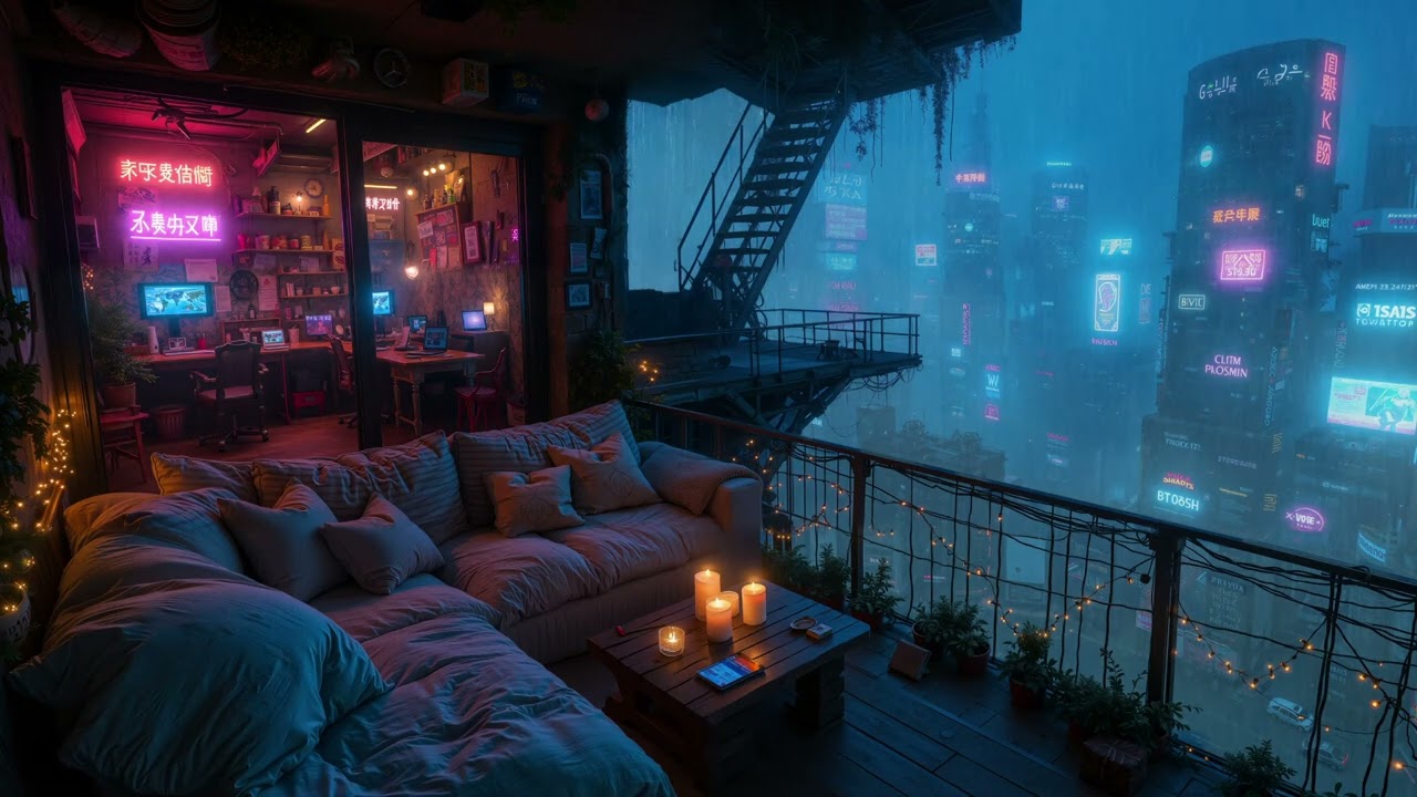 Ambient Echoes с видом на Cyberpunk City | Расслабляющая окружающая музыка и дождь | Научно-фантасти