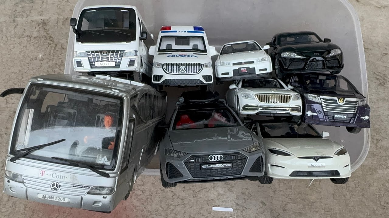Lets picked box full with diecas model cars,mercedese,audi,tesla,,skyline,toyota,alphard,supra,poliz